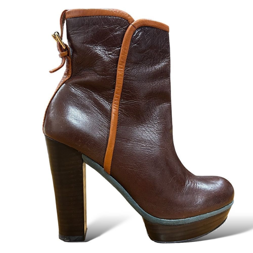 Revolve Nine West Chocolate Leather , Blue Suede Platform Buckle Ankle Boots